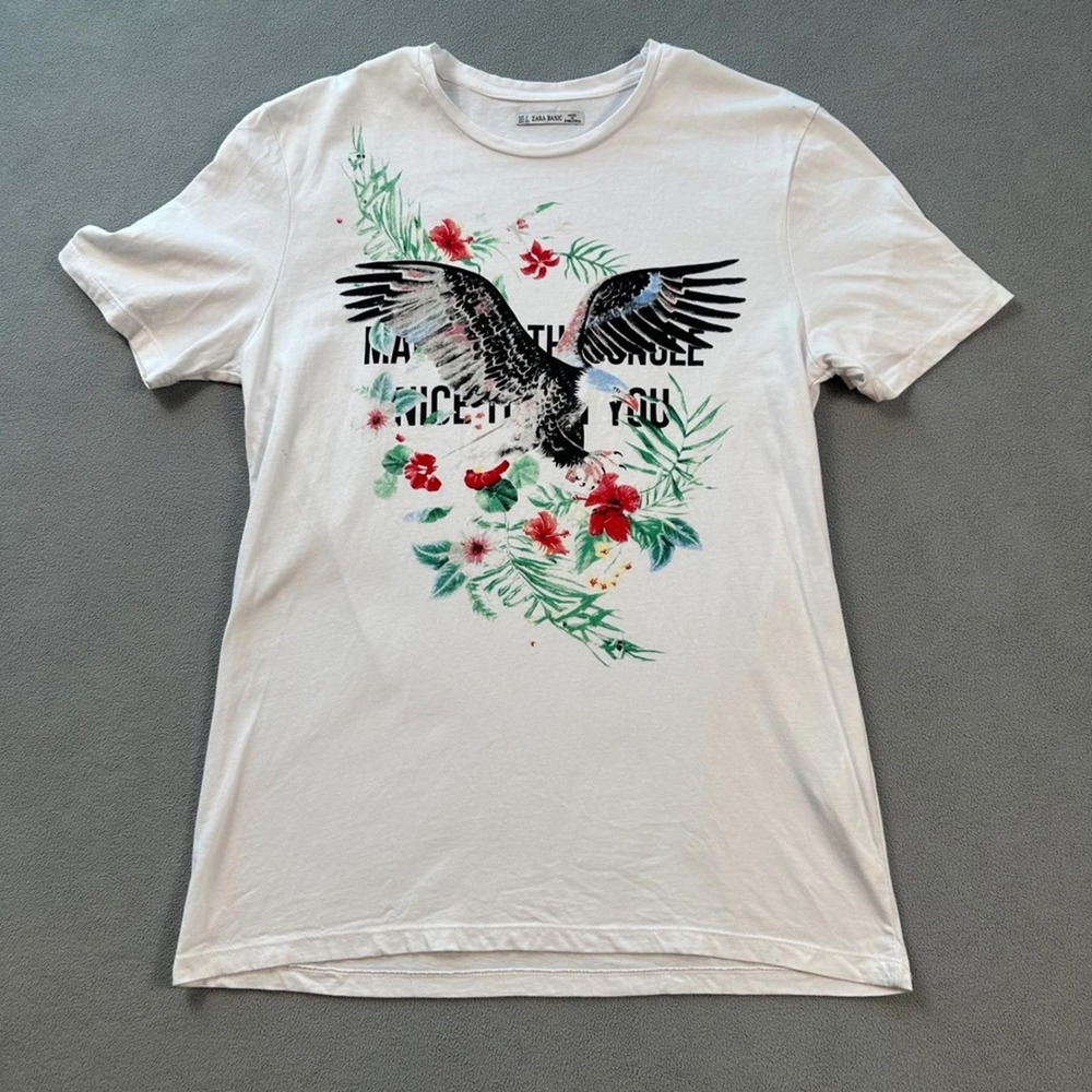 Zara Basic Womens Large White Eagle Tropical Floral Graphic T-Shirt Cotton L